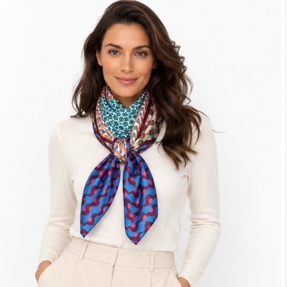 Zara Geometric Patchwork Square Scarf Multi Color Blue Pink Orange 115-17